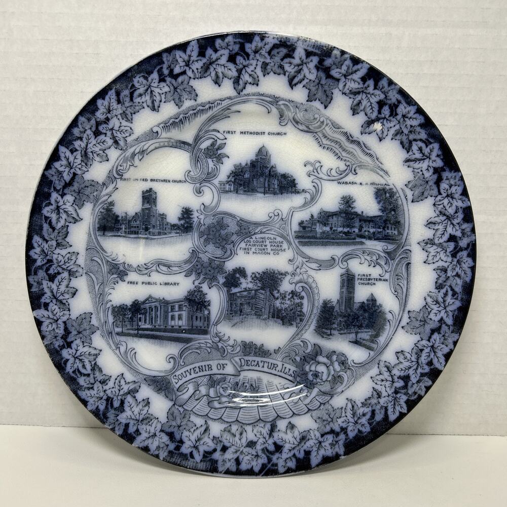 Antique Flow Blue Souvenir China 9" Plate - Views of Decanter Illinois England